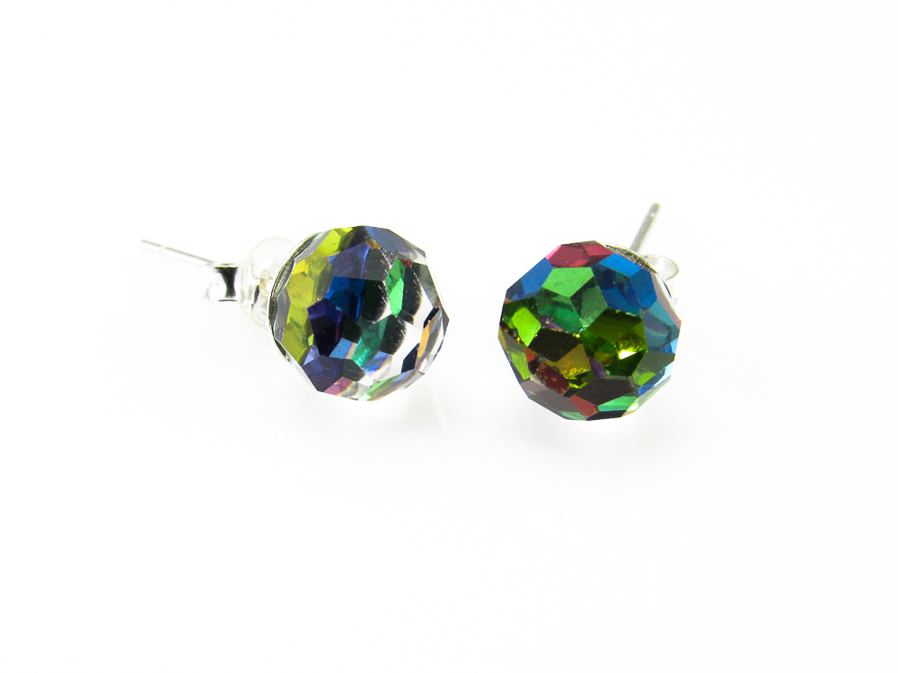 Pendientes bolas de cristal tornasol y Plata de ley 7 Mm.