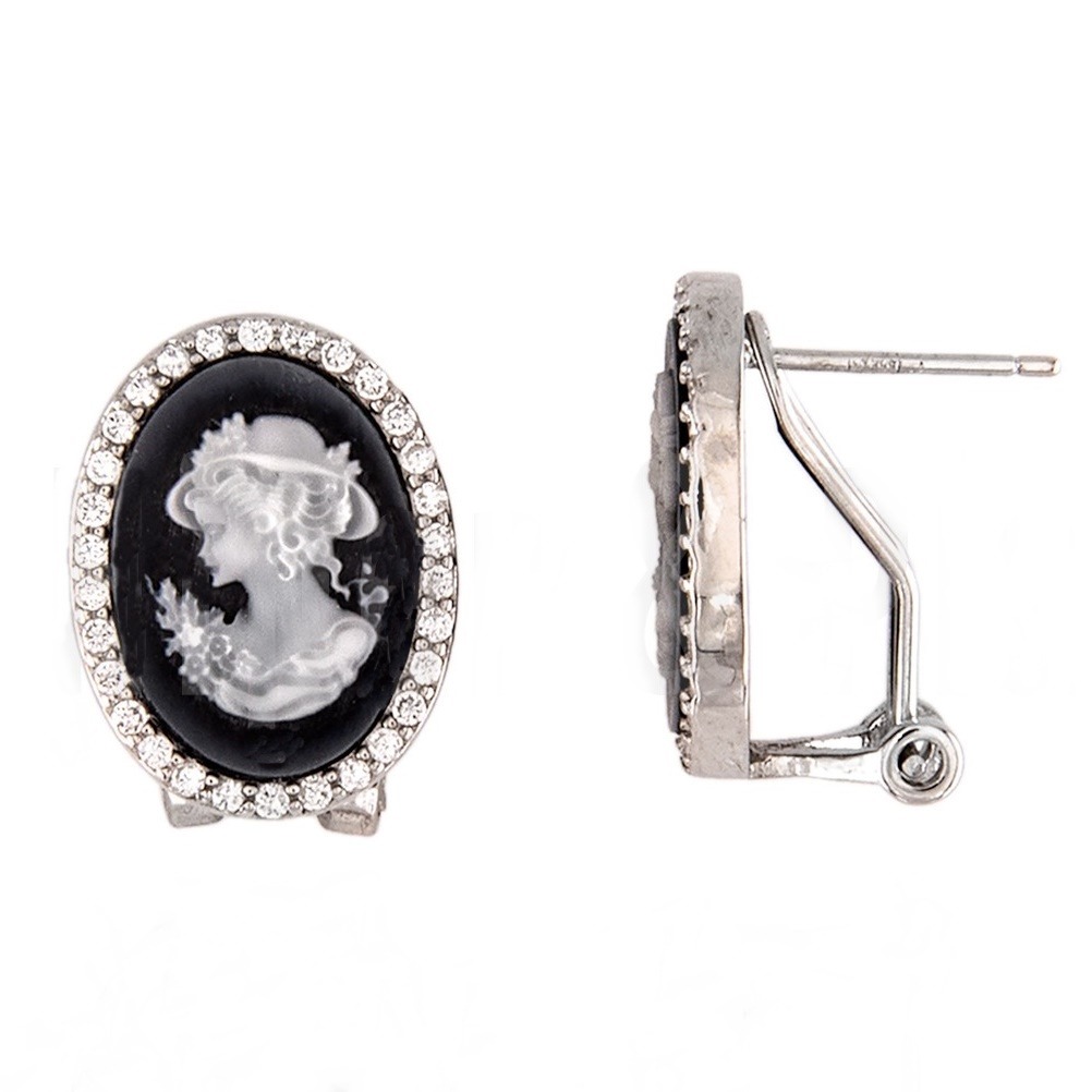 Pendientes camafeo negro de Plata y Circonitas con cierre omega