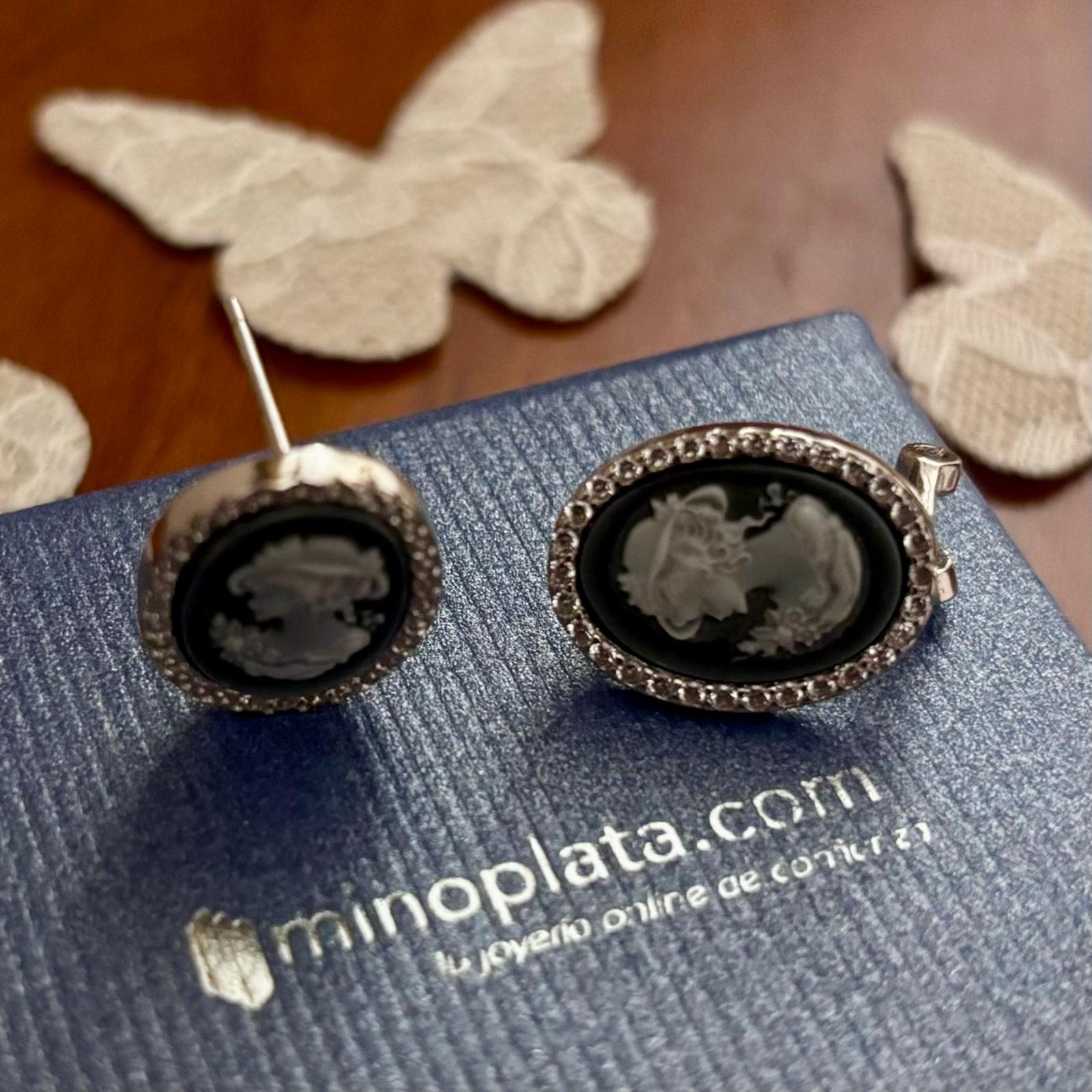 Pendientes camafeo negro de Plata y Circonitas con cierre omega 5