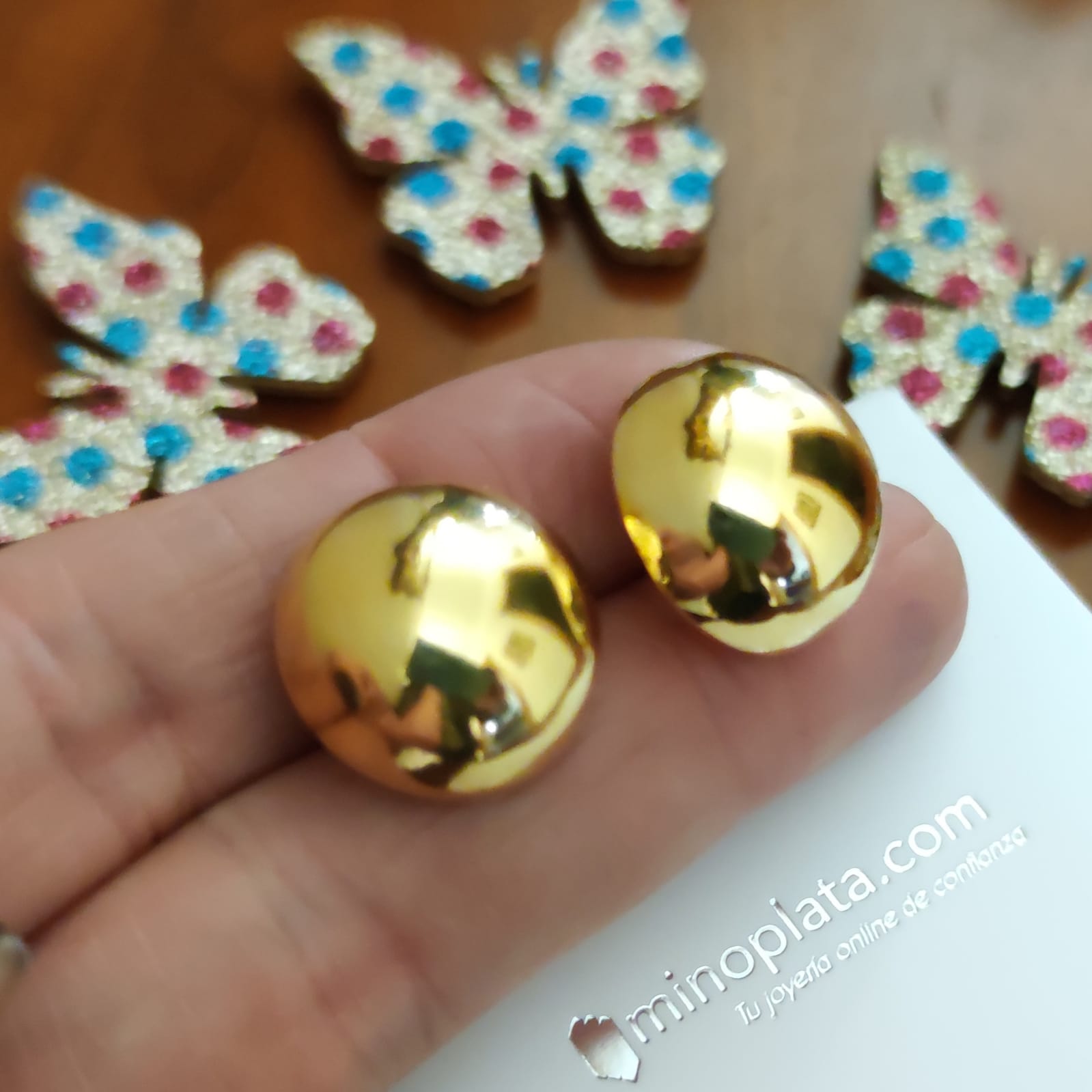 Pendientes media bola 18 Mm. de Plata de ley dorada 4
