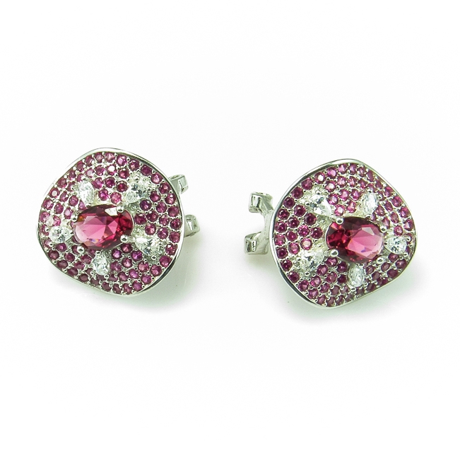 Pendientes omega Plata rodiada piedras rosas con Circonitas