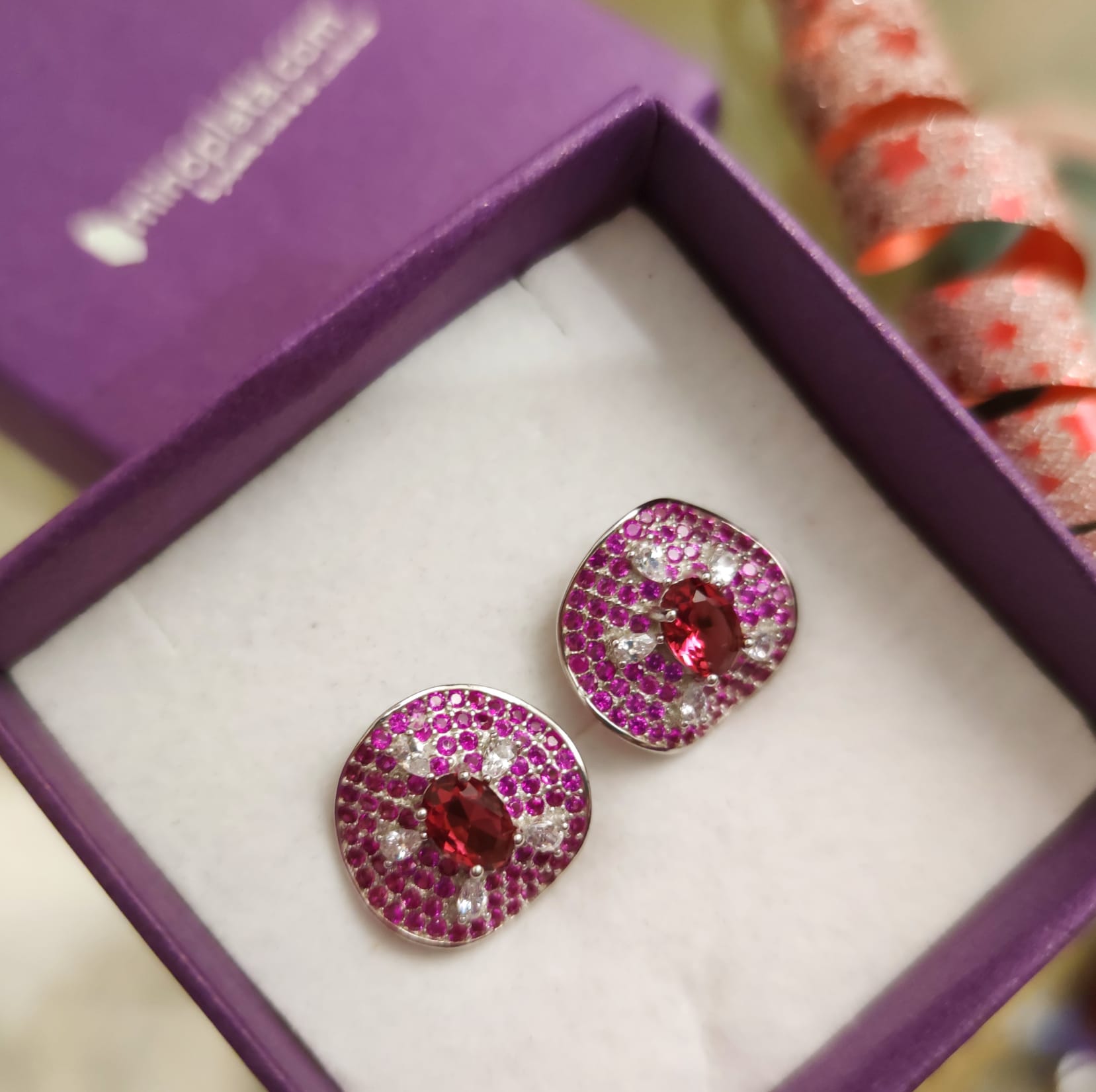 Pendientes omega Plata rodiada piedras rosas con Circonitas 3
