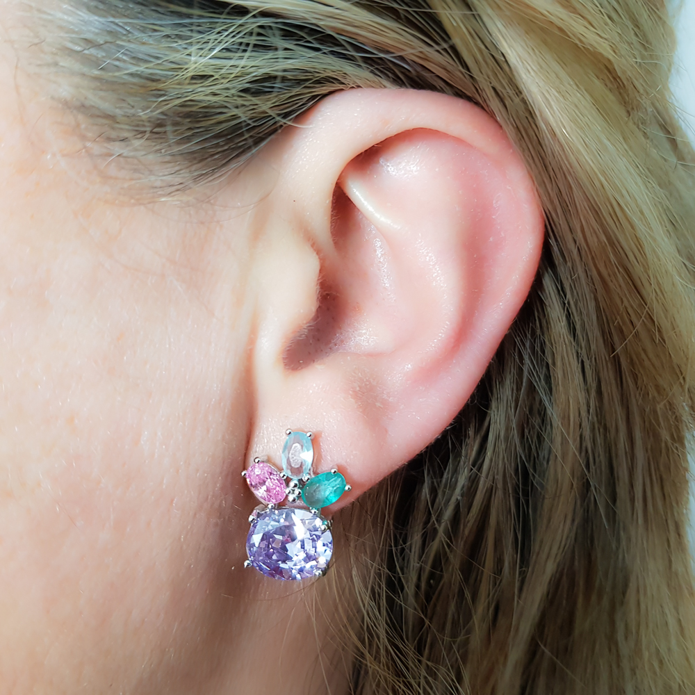 Pendientes Circonitas multicolor de Plata de ley rodiada omega 1