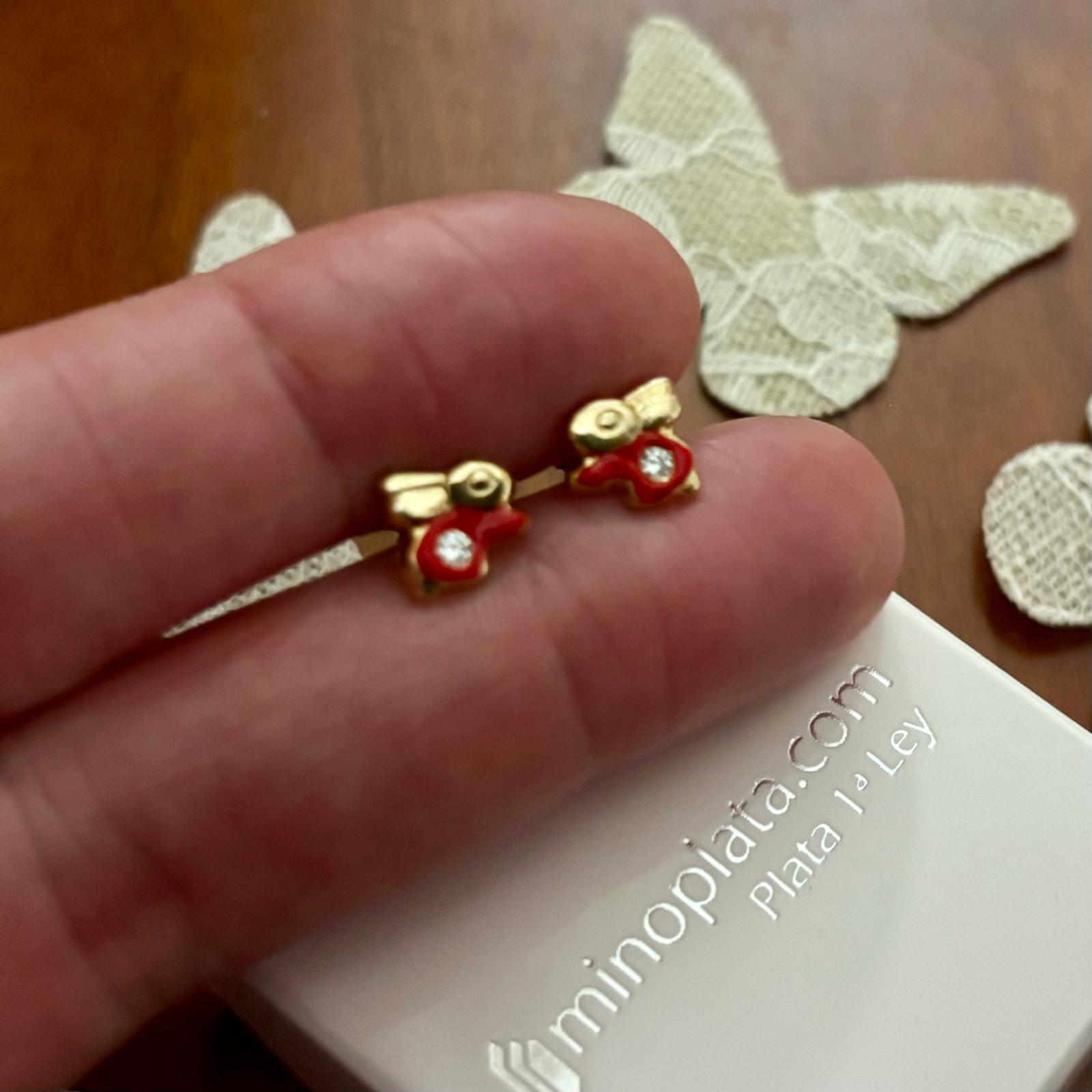 Pendientes conejito rojo de Plata de ley chapada en Oro con cierre rosca bebé 2