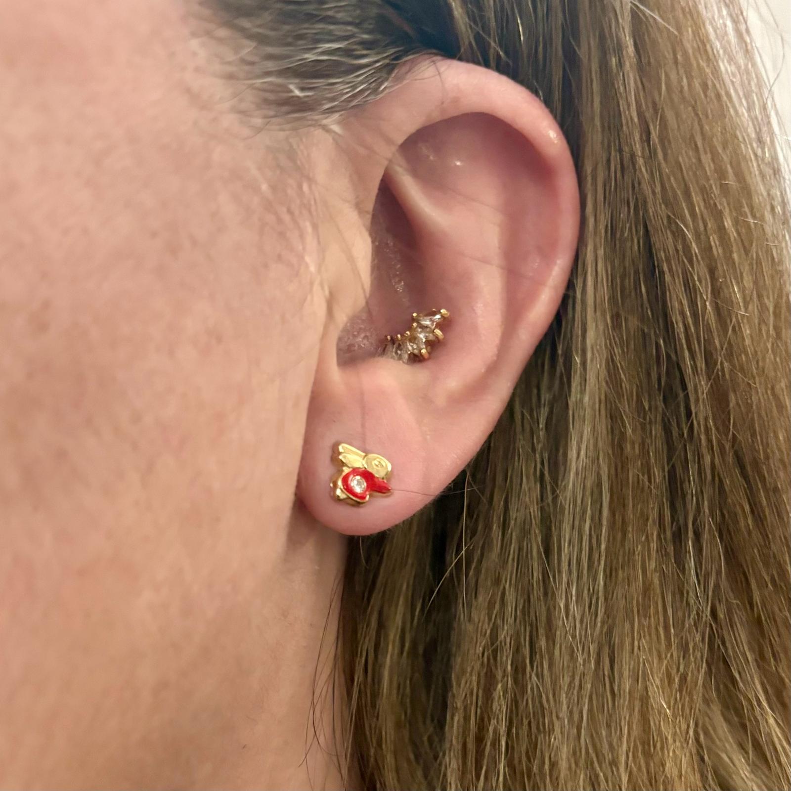 Pendientes conejito rojo de Plata de ley chapada en Oro con cierre rosca bebé 4