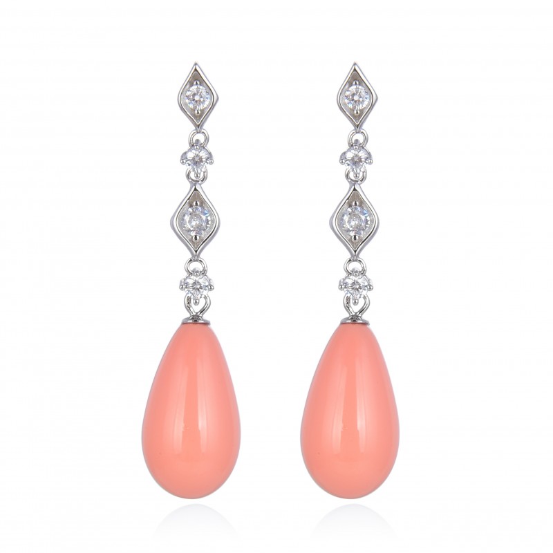 Pendientes lágrima coral en Plata de ley rodiada y Circonitas