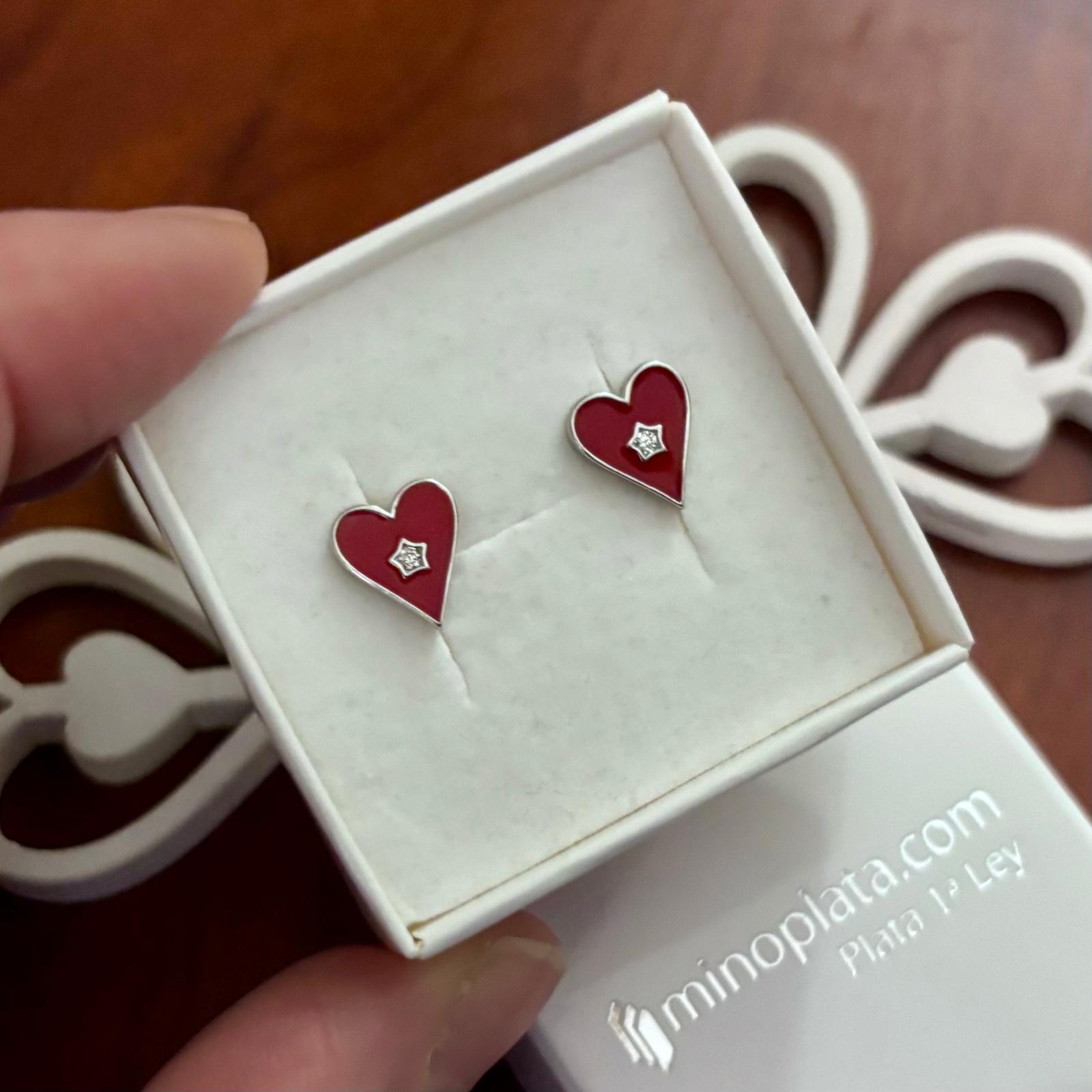 Pendientes corazón de Plata de ley con esmalte rojo y Circonita