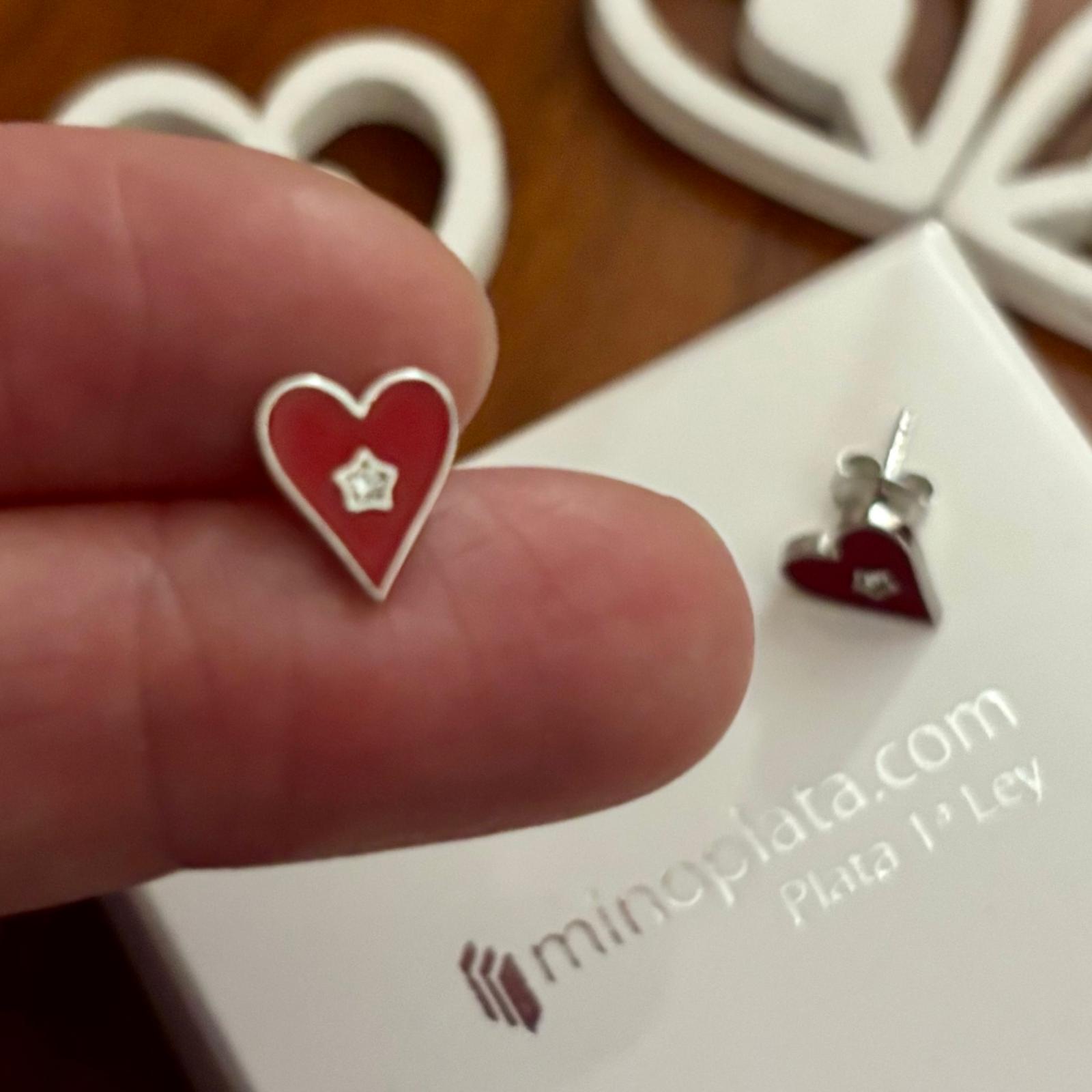 Pendientes corazón de Plata de ley con esmalte rojo y Circonita 2