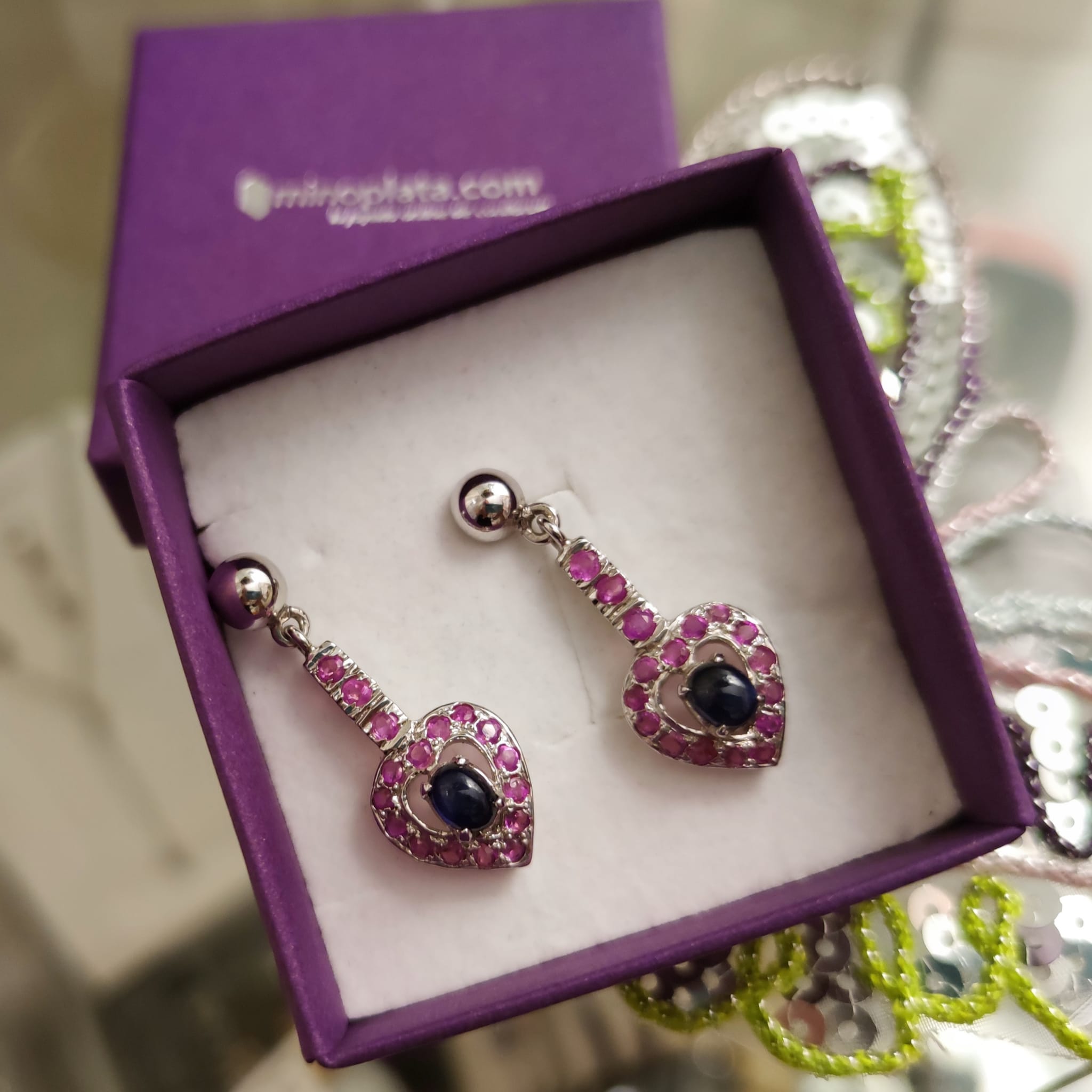 Pendientes largos corazón de Plata y piedras 2