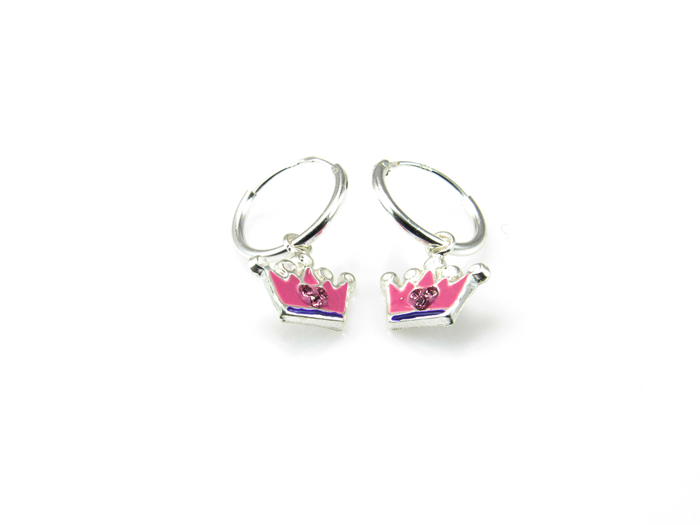 Pendientes aros en Plata de ley infantiles corona rosa