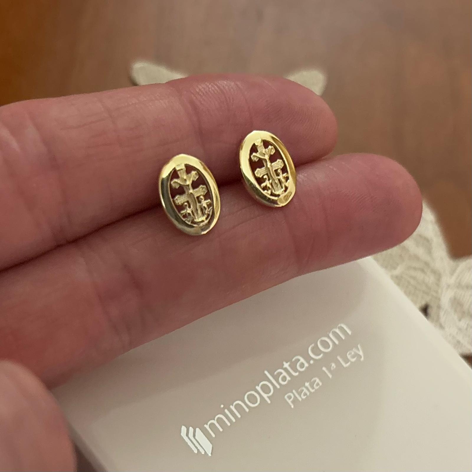 Pendientes Cruz de Caravaca cerco liso de Plata de ley chapada en Oro 3