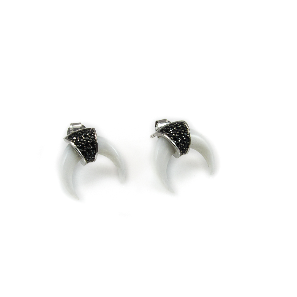 Pendientes Plata rodiada cuerno nácar blanco y Circonitas negras