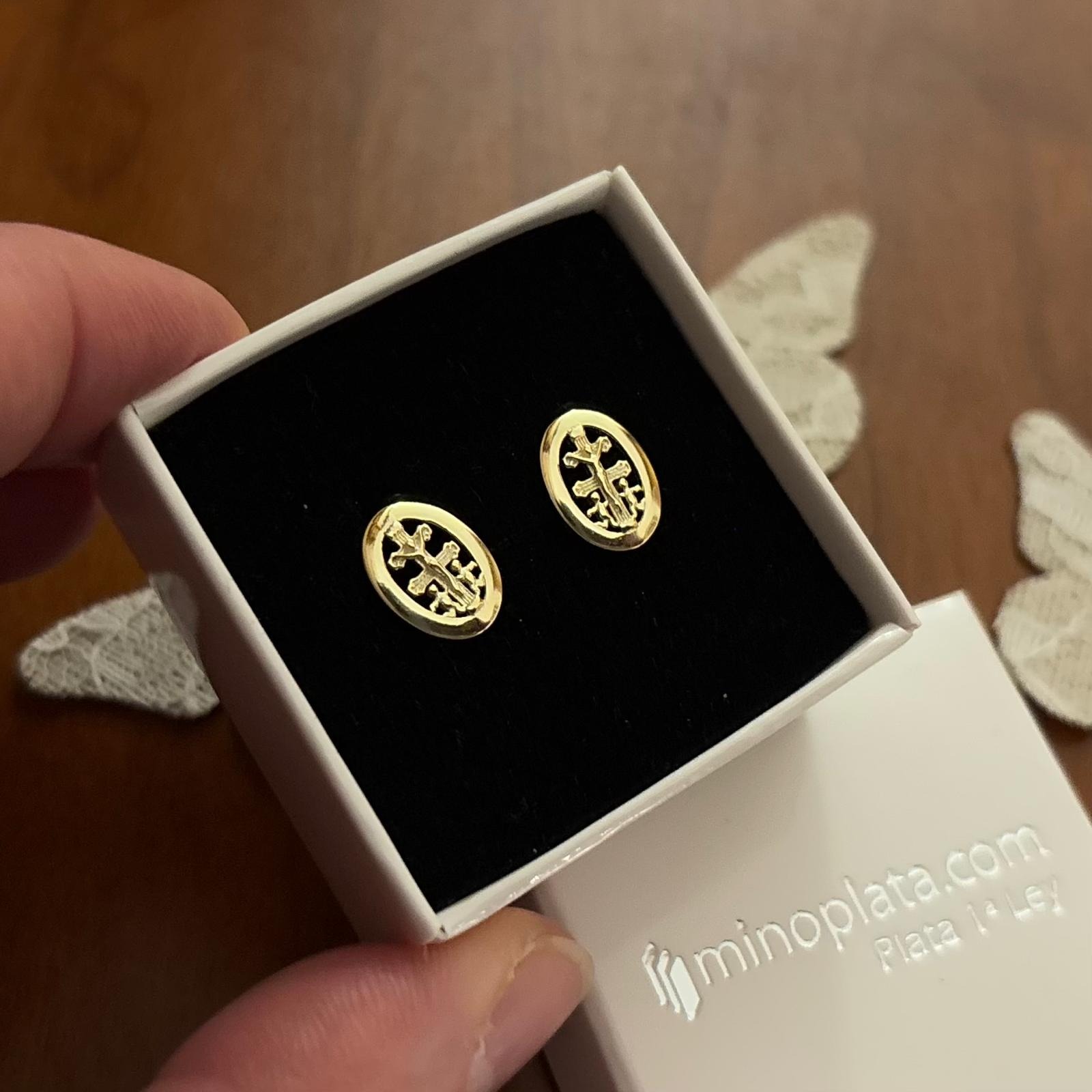 Pendientes Cruz de Caravaca cerco liso de Plata de ley chapada en Oro 2