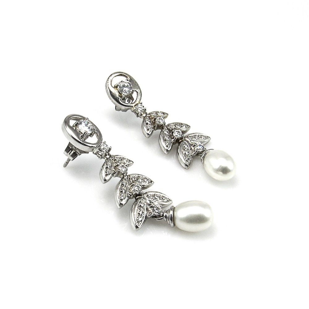 Pendientes Plata y Perlas hojas con Circonitas blancas