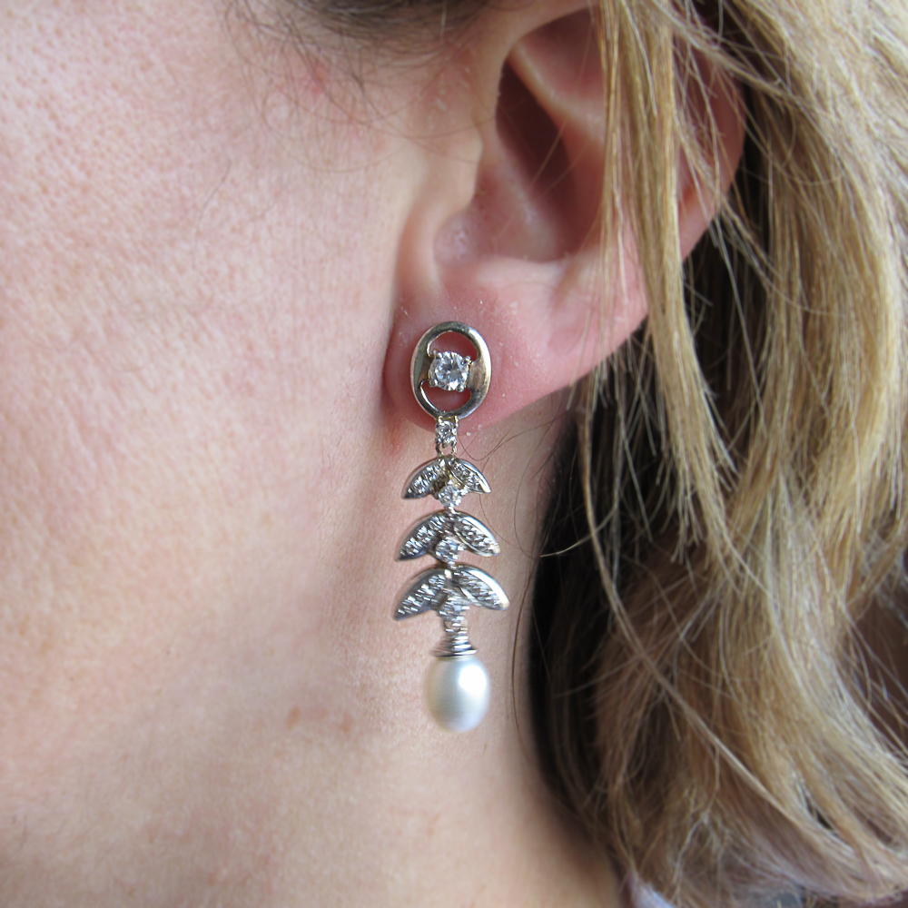 Pendientes Plata y Perlas hojas con Circonitas blancas 1