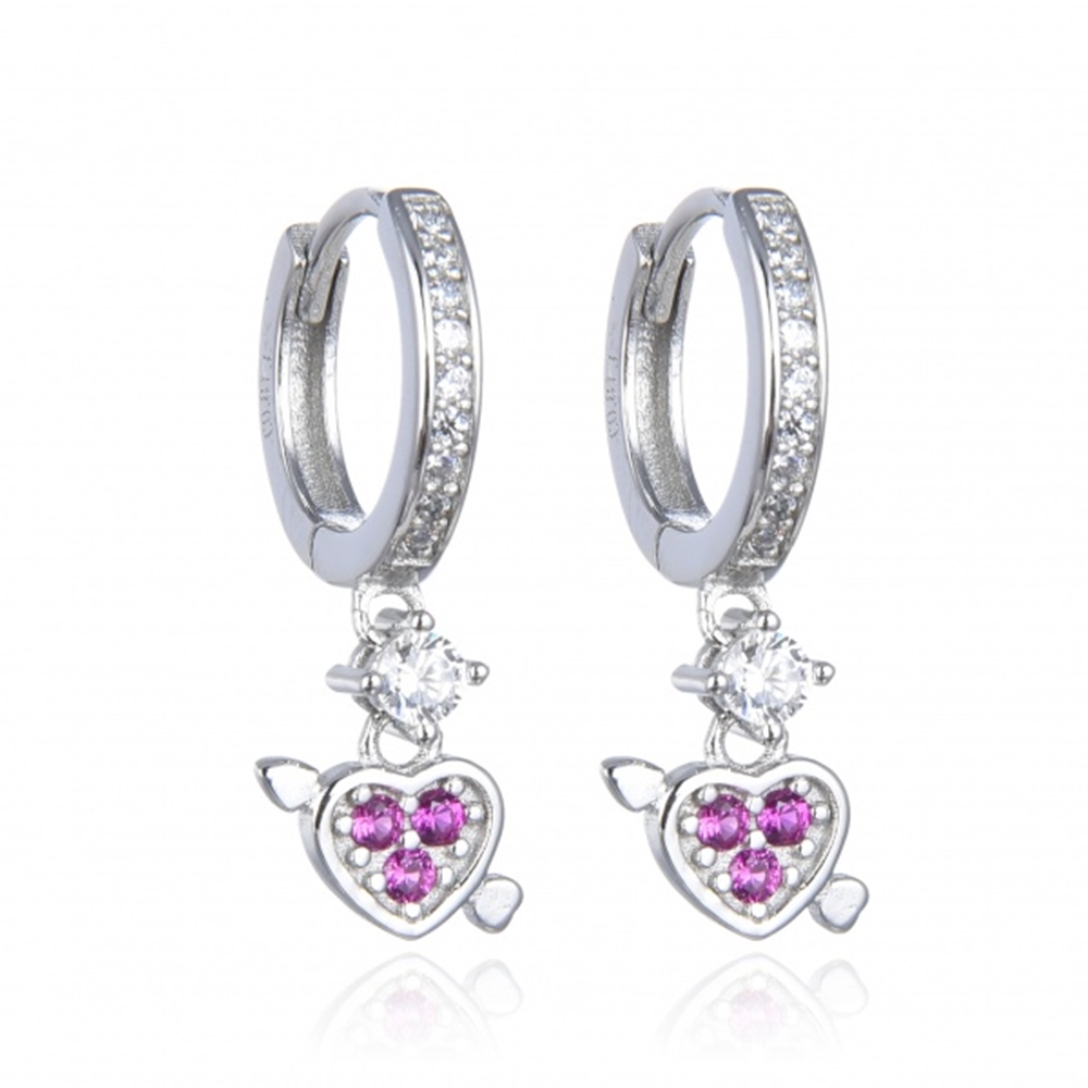 Aros de Plata de ley rodiada 12 Mm. Corazón colgante piedras