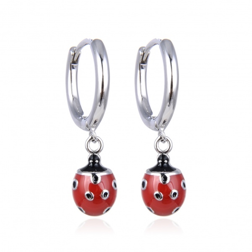 Pendientes Aros de Plata rodiada 14 Mm. Mariquita colgante
