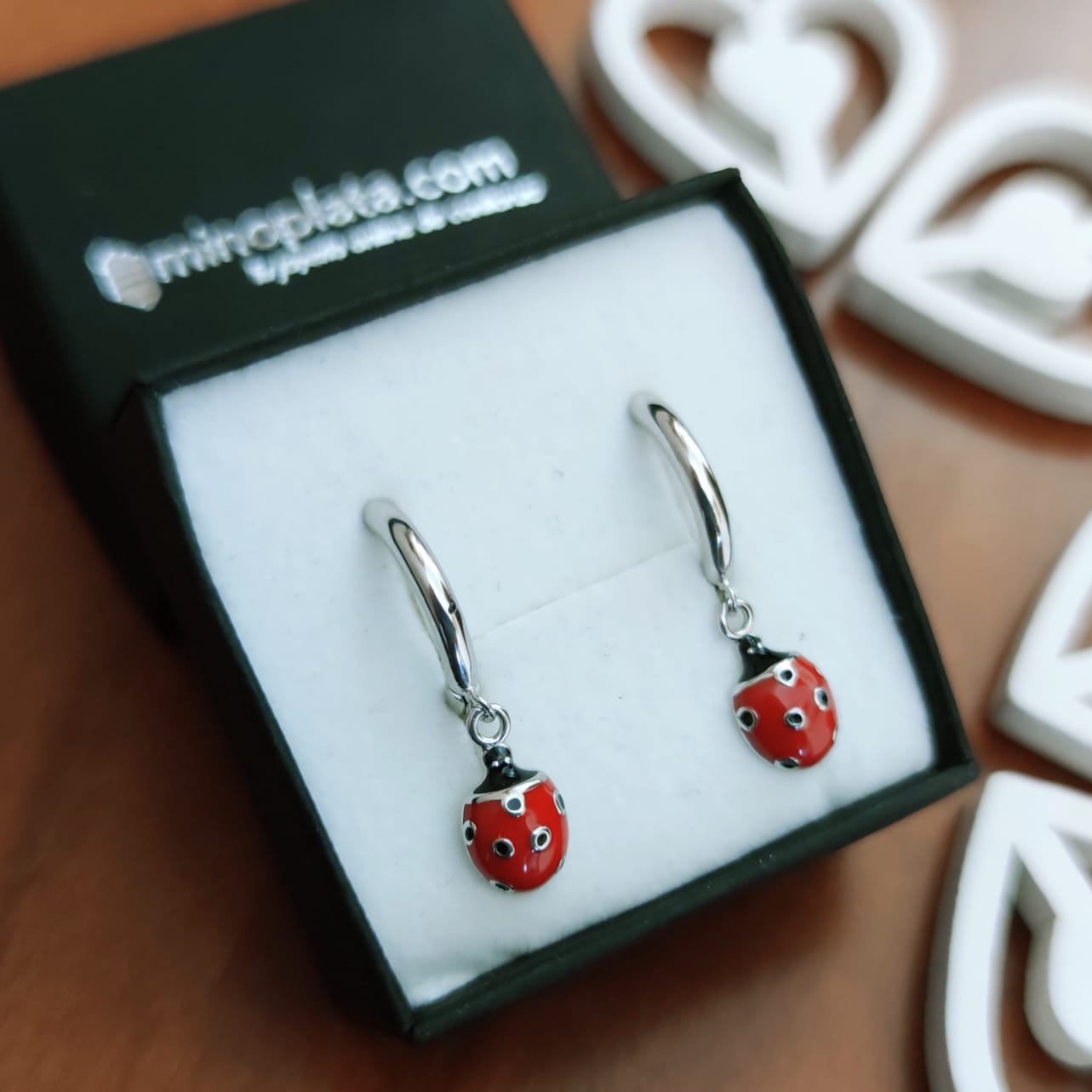 Pendientes Aros de Plata rodiada 14 Mm. Mariquita colgante 2