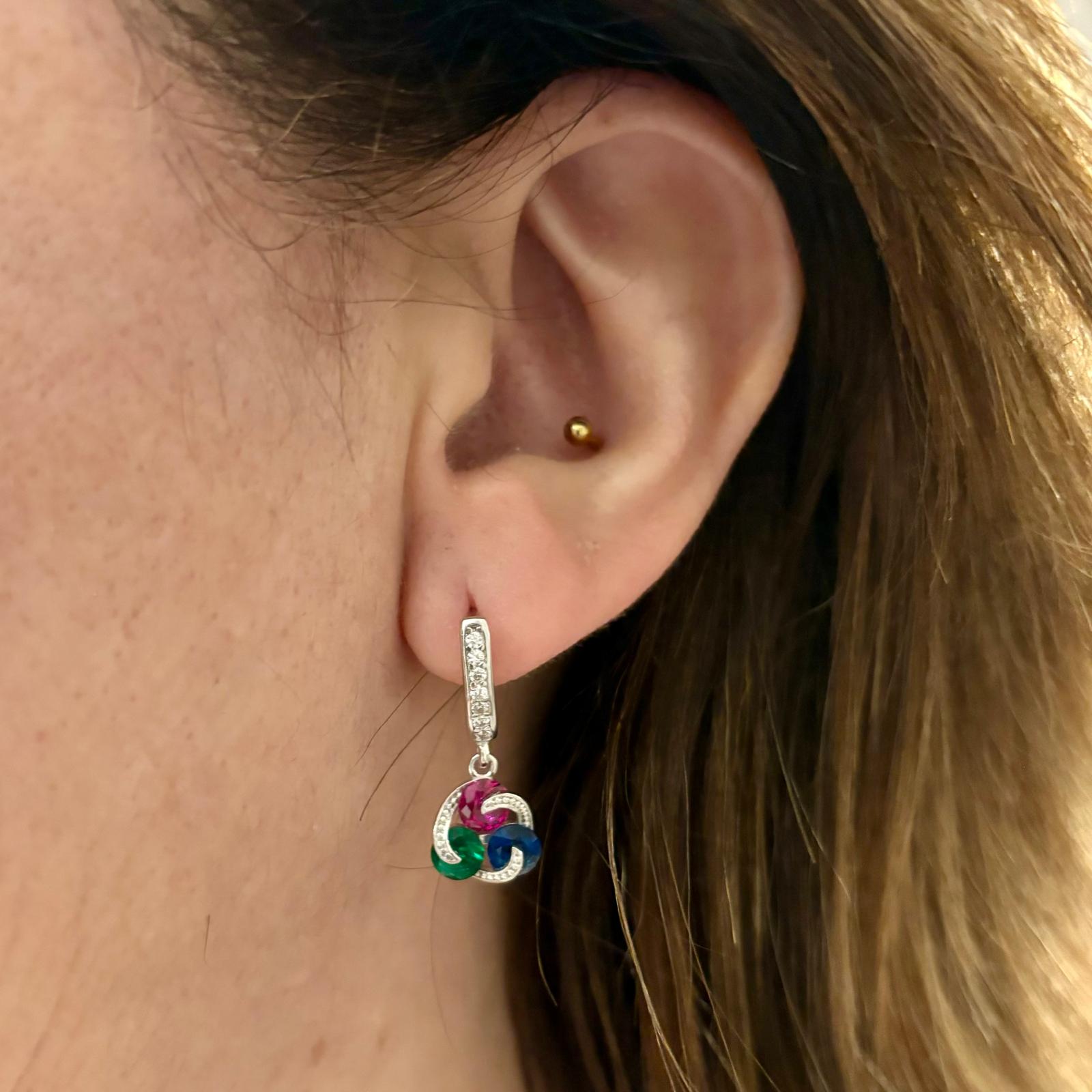 Pendientes circonitas rosa azul y verde colgantes cierre catalán de Plata rodiada