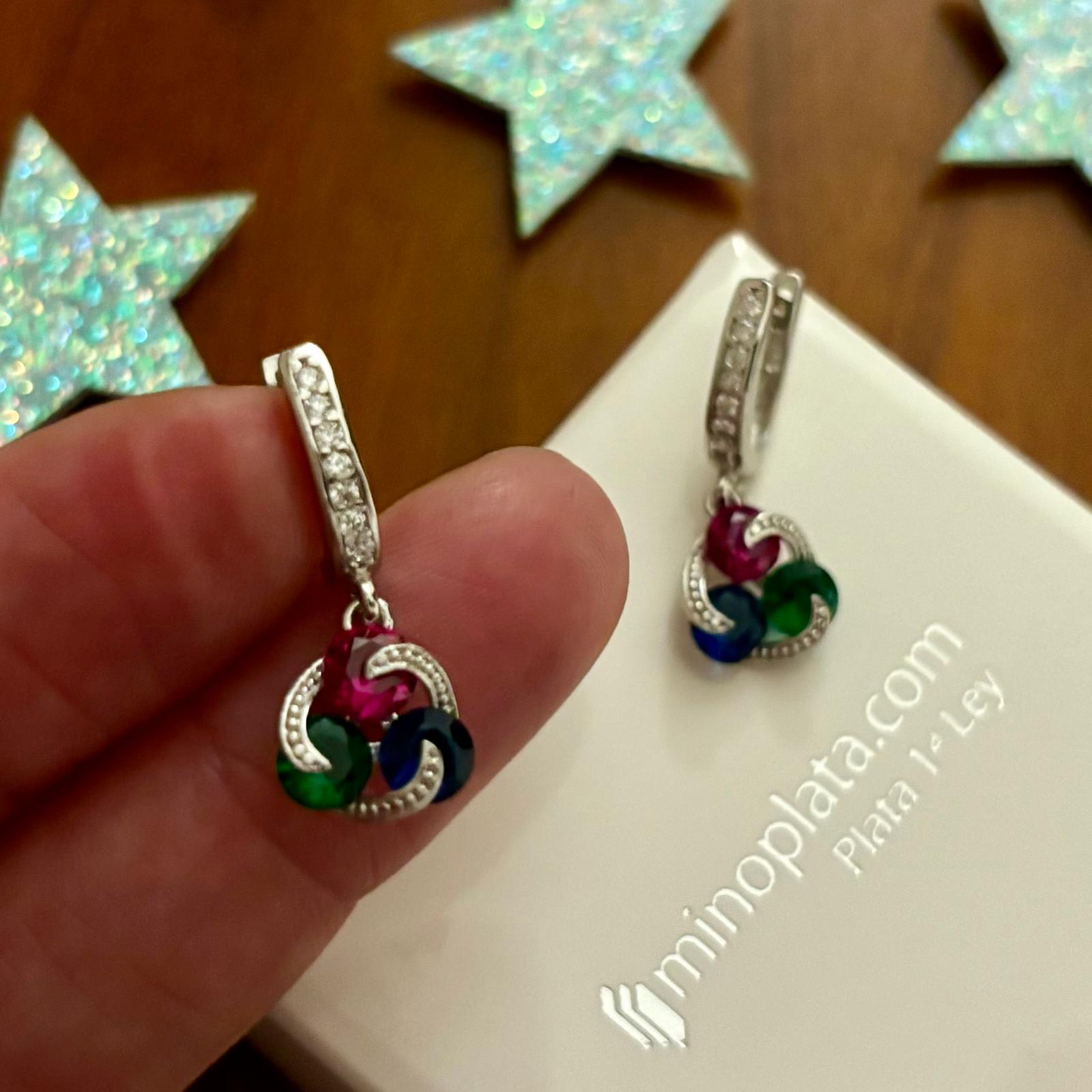 Pendientes circonitas rosa azul y verde colgantes cierre catalán de Plata rodiada 1