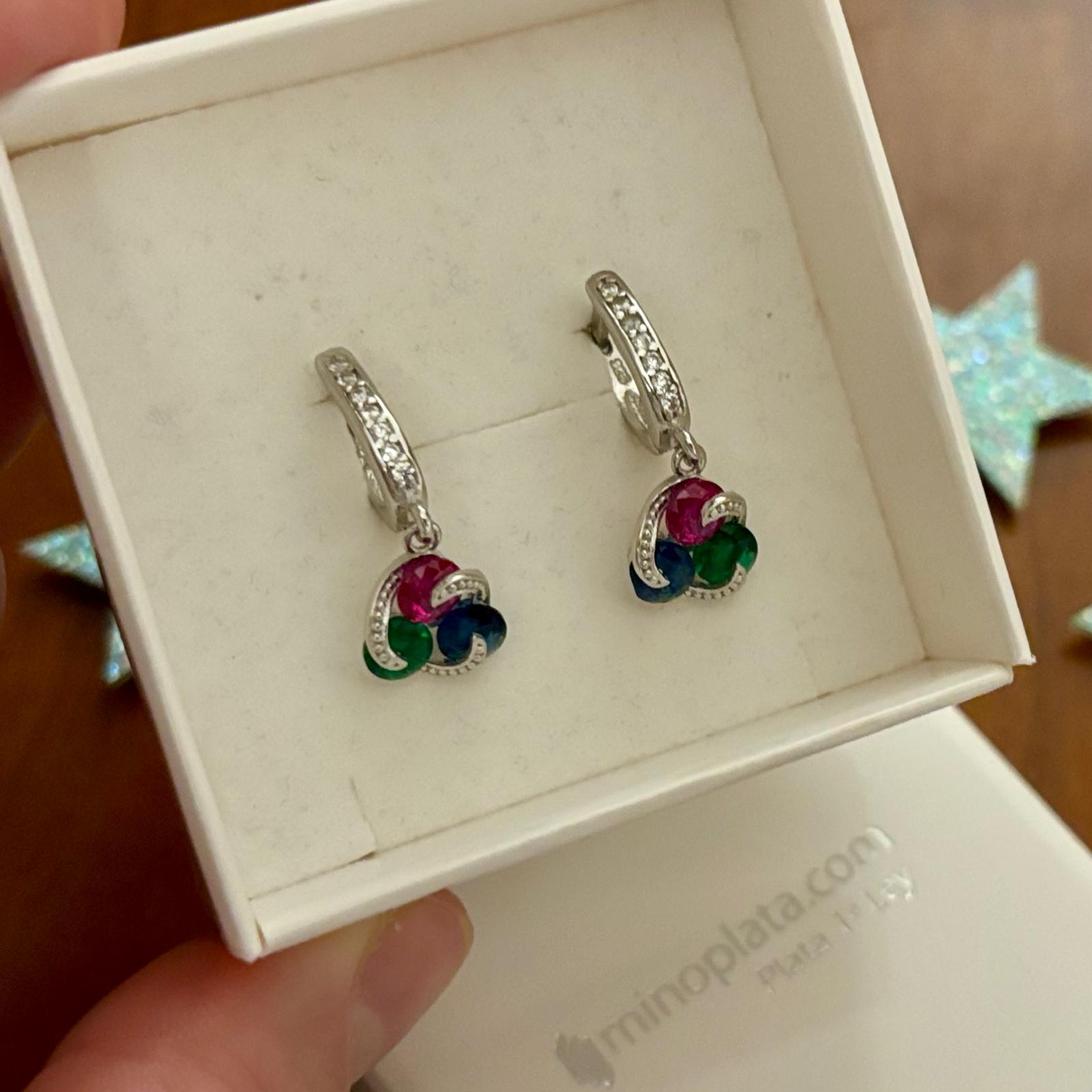 Pendientes circonitas rosa azul y verde colgantes cierre catalán de Plata rodiada 2