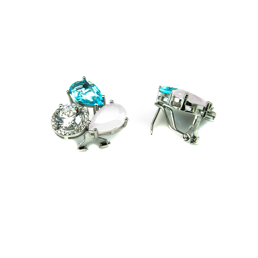 Pendientes de Plata y Circonitas azul, rosa y blancas Omega 1