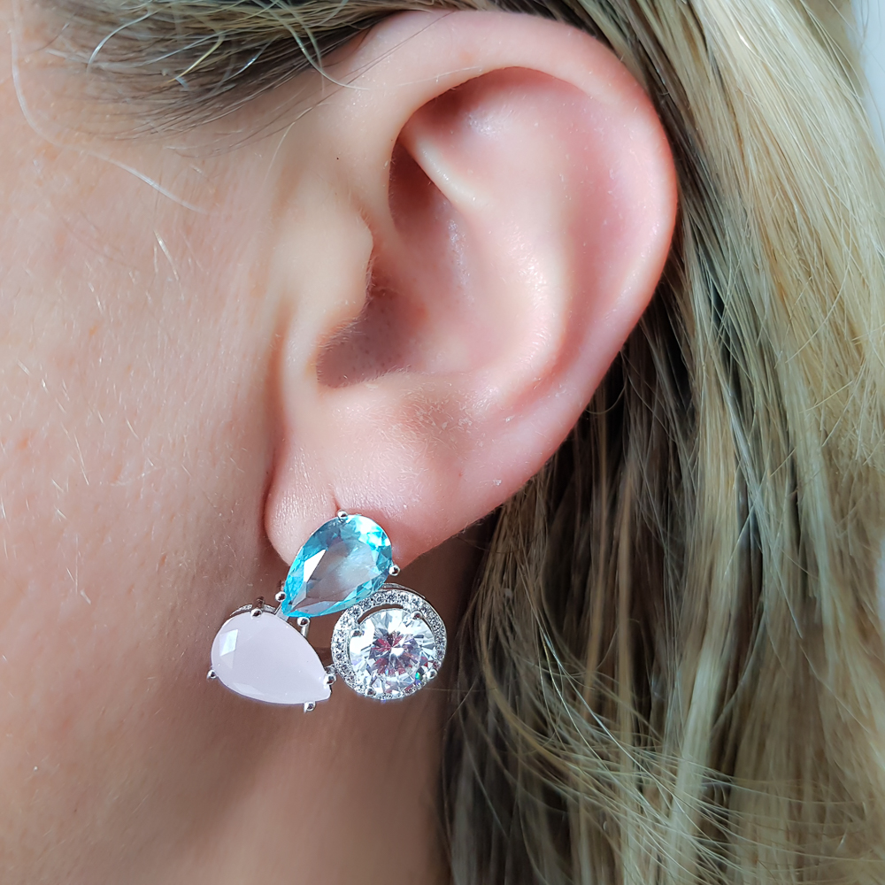 Pendientes de Plata y Circonitas azul, rosa y blancas Omega 2