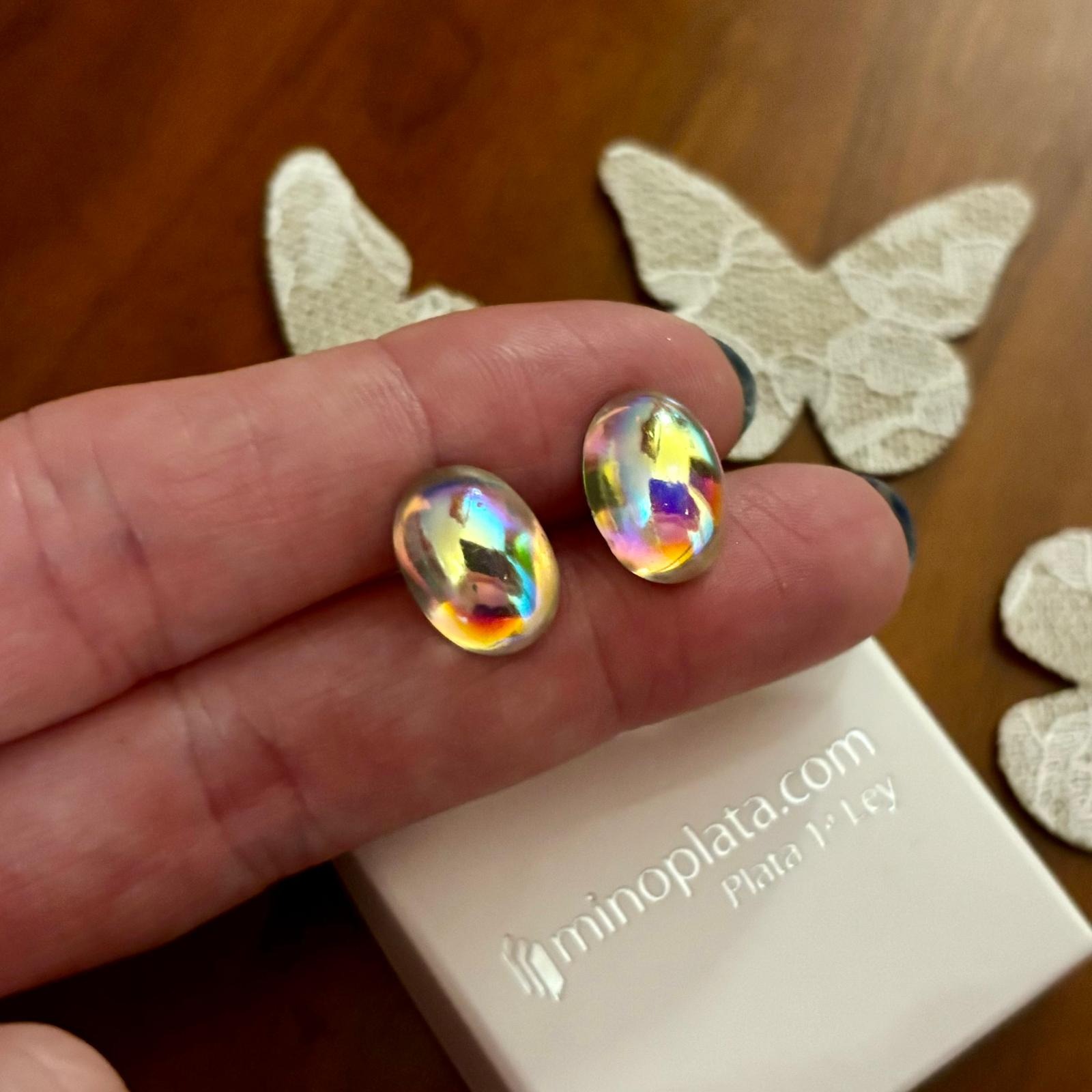 Pendientes cristal Checo blanco tornasol en Plata de ley 3