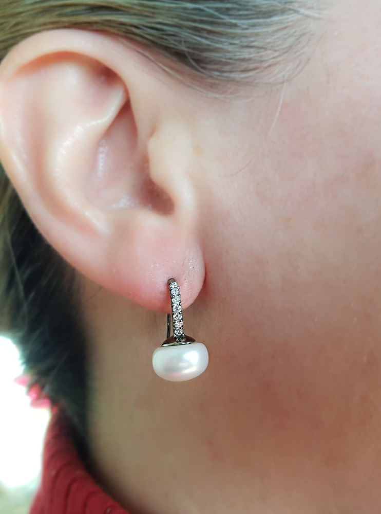 Pendientes de Plata y Rodio negro Perla natural y Circonitas 1