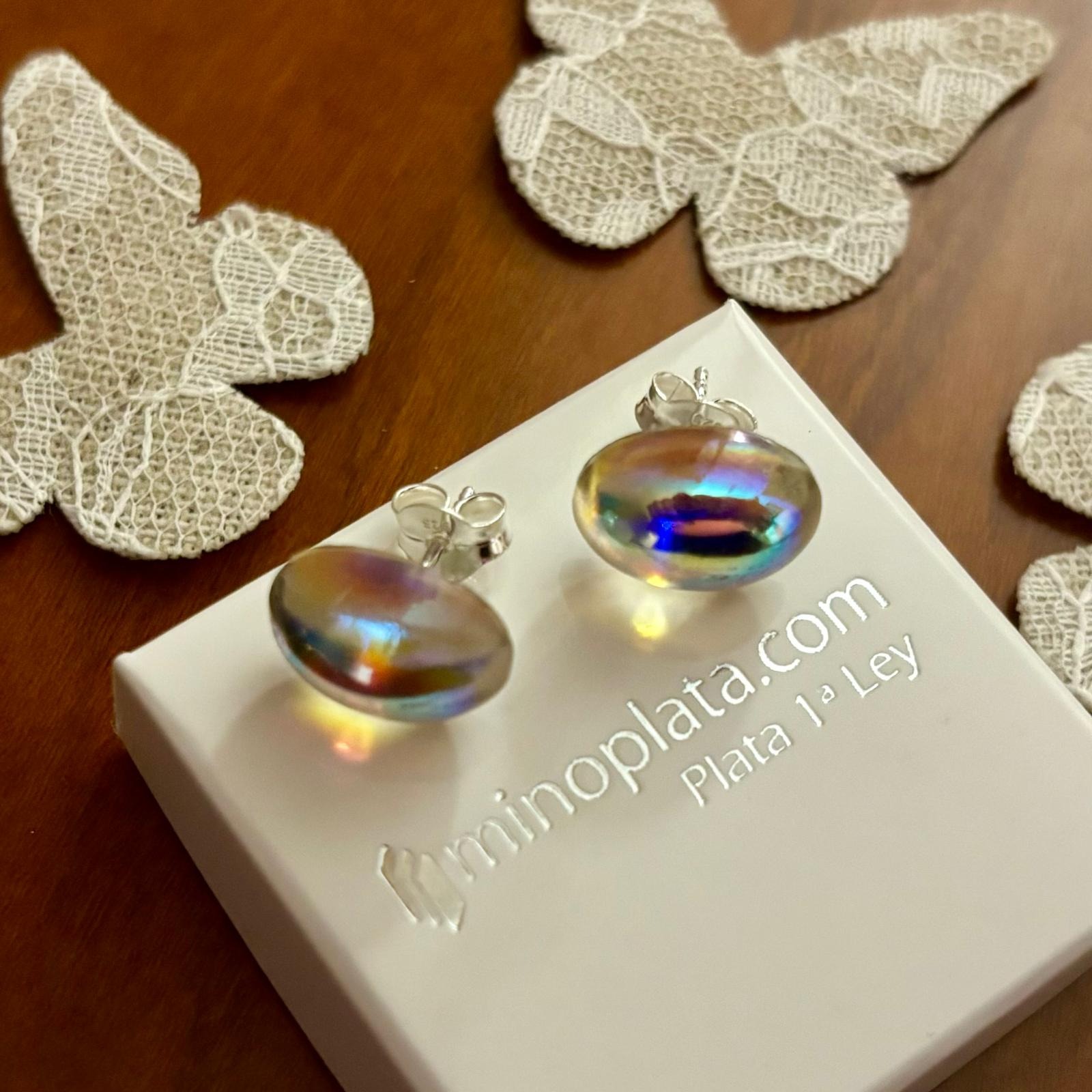 Pendientes cristal Checo blanco tornasol en Plata de ley
