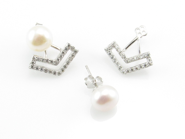 Pendientes dobles de Plata, Perlas y Circonitas