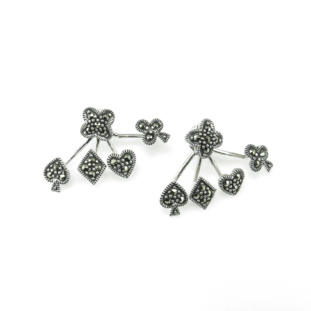 Pendientes dobles naipes de Plata vieja y Marcasitas