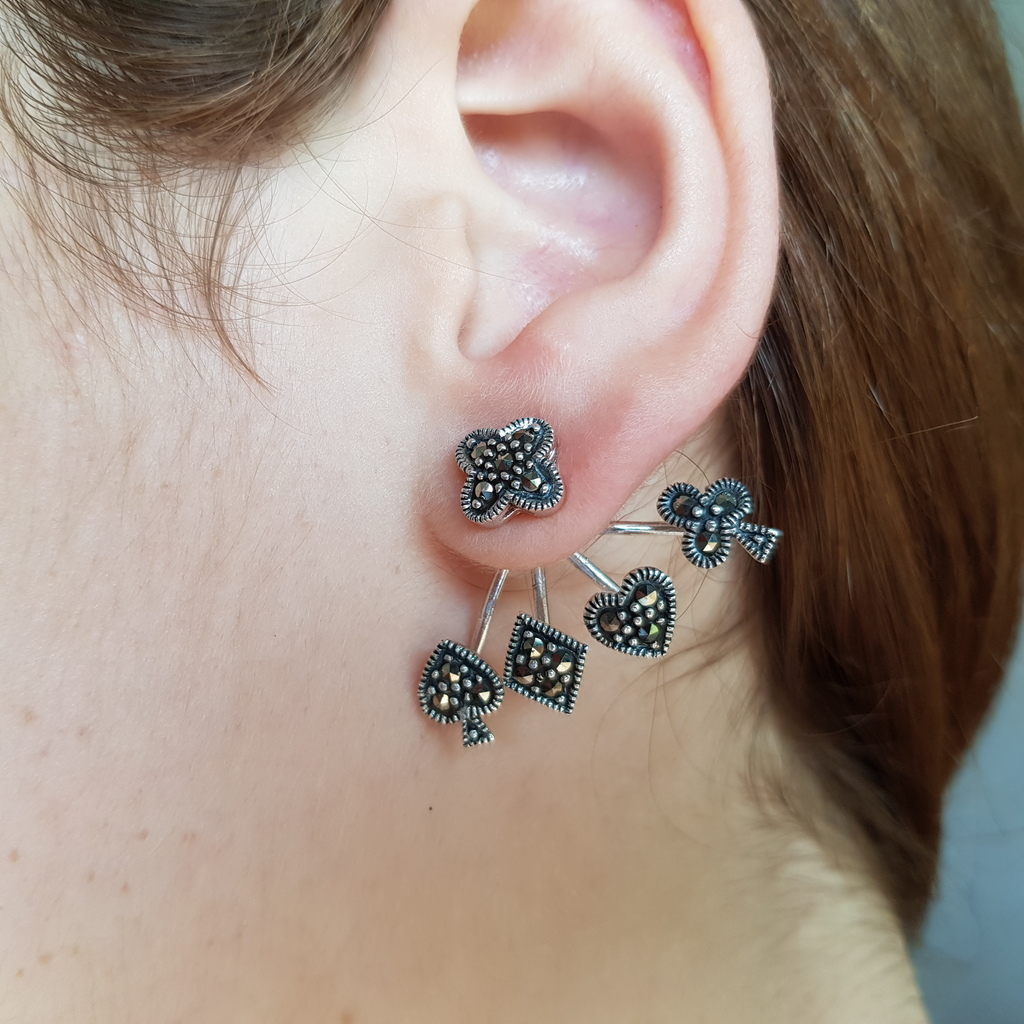 Pendientes dobles naipes de Plata vieja y Marcasitas 2
