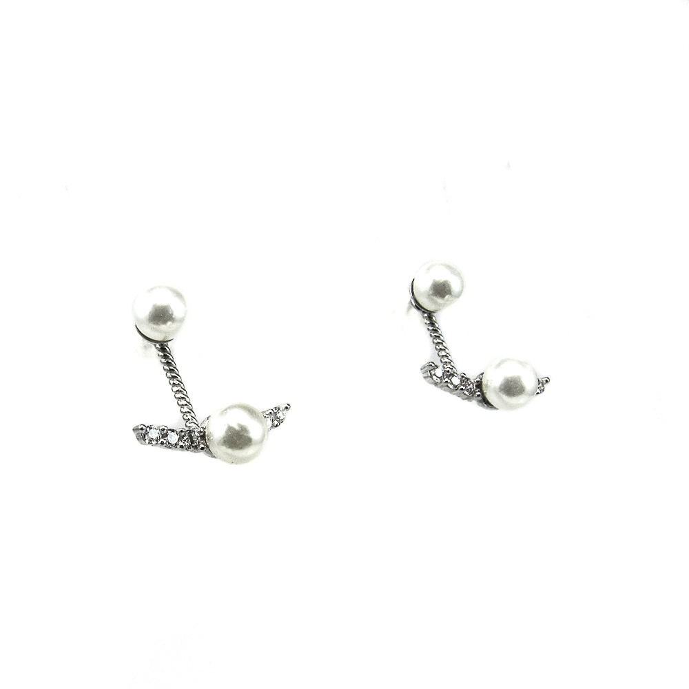 Pendientes dobles de Plata rodiada con Perlas y Circonitas