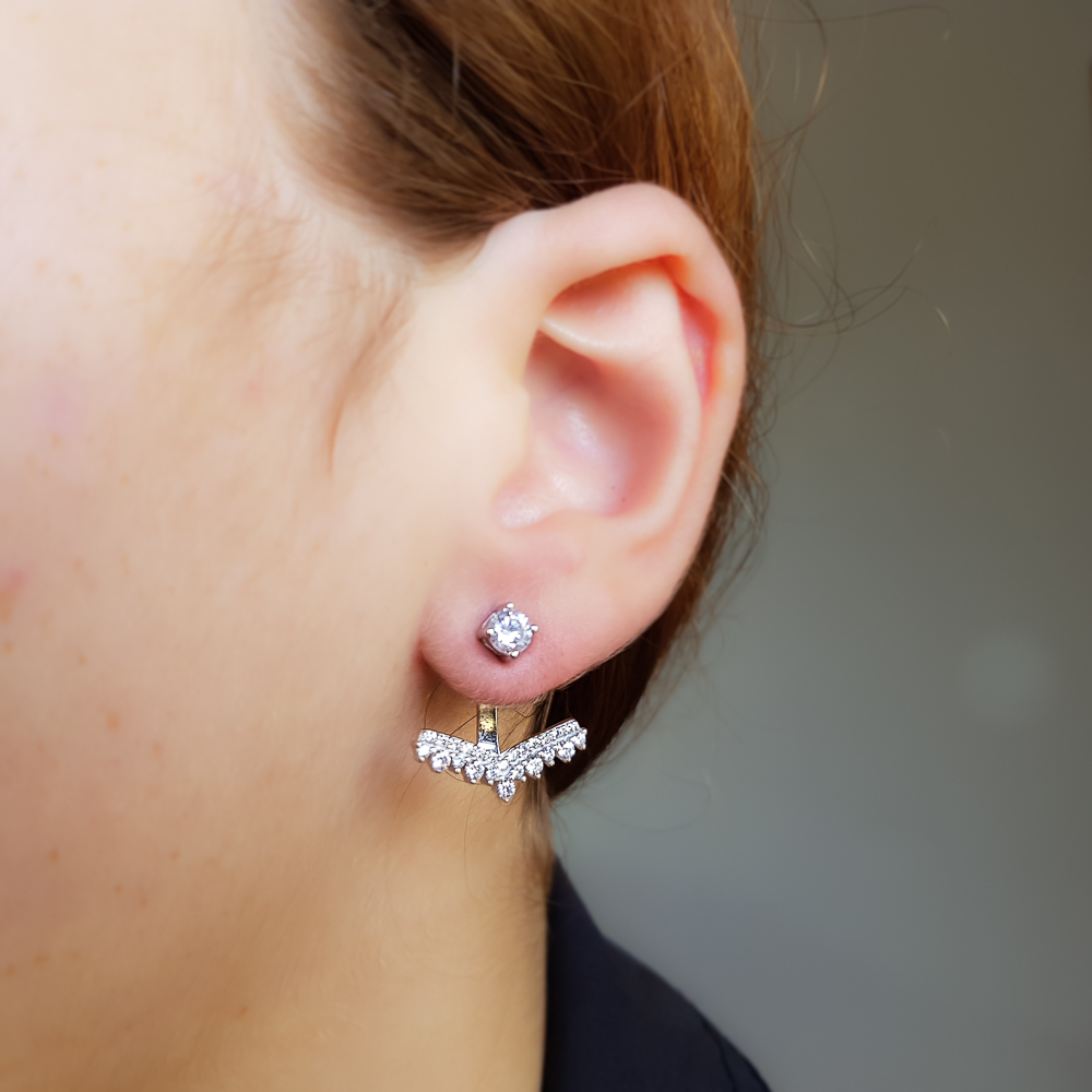 Pendientes dobles de Plata rodiada y Circonitas para mujer 1