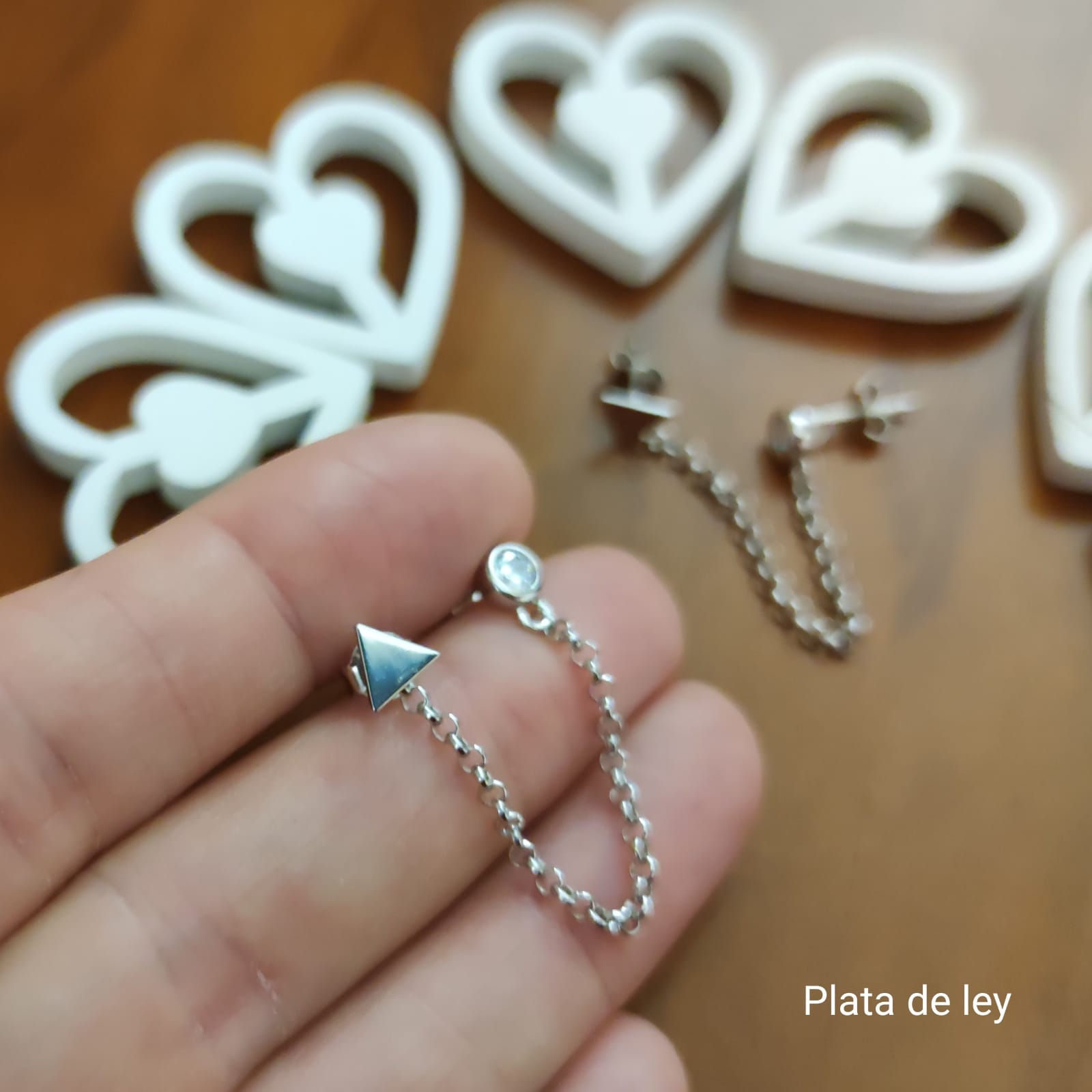 Pendientes dobles triángulo y punto de luz cadena Plata de ley 1