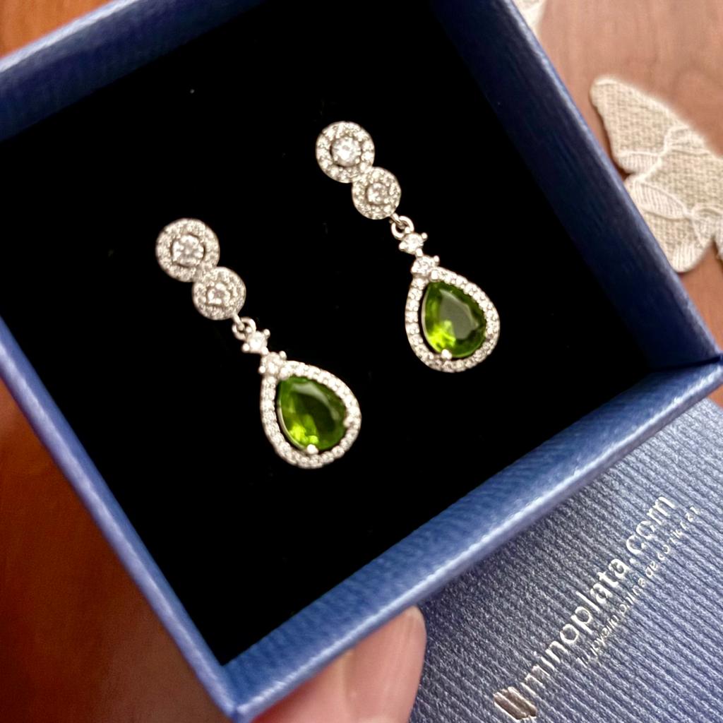 Pendientes lágrima verde de Plata de ley rodiada con Circonitas 2