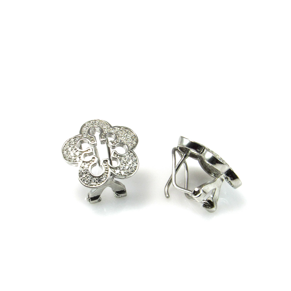 Pendientes flor de Plata y Circonitas blancas cierre Omega 1