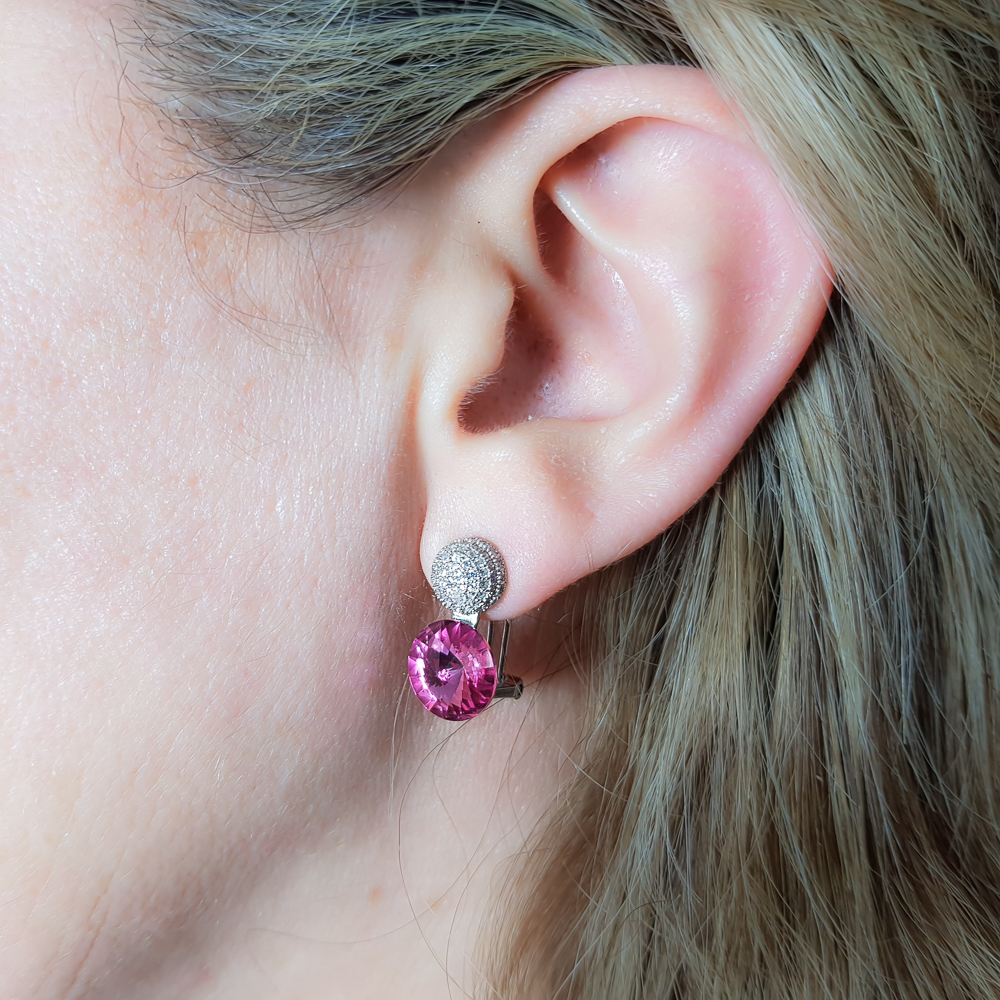 Pendientes de Plata con cierre omega y Circonitas rosa y blancas 2