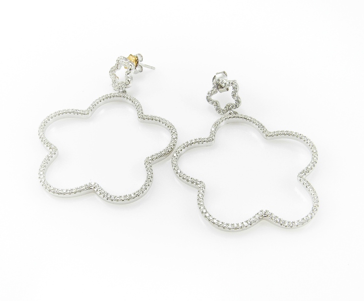 Pendientes flor largos en Plata rodiada con Circonitas micro