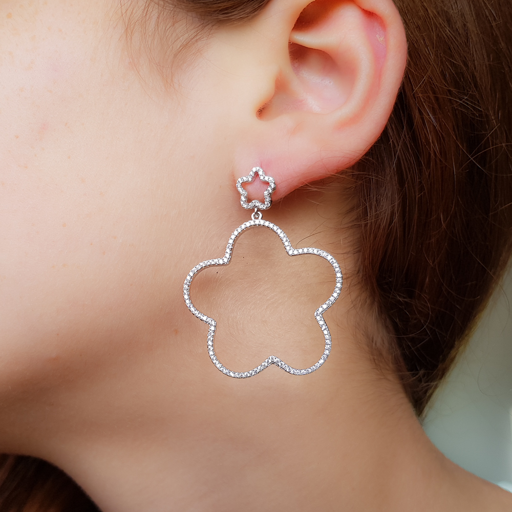 Pendientes flor largos en Plata rodiada con Circonitas micro 1