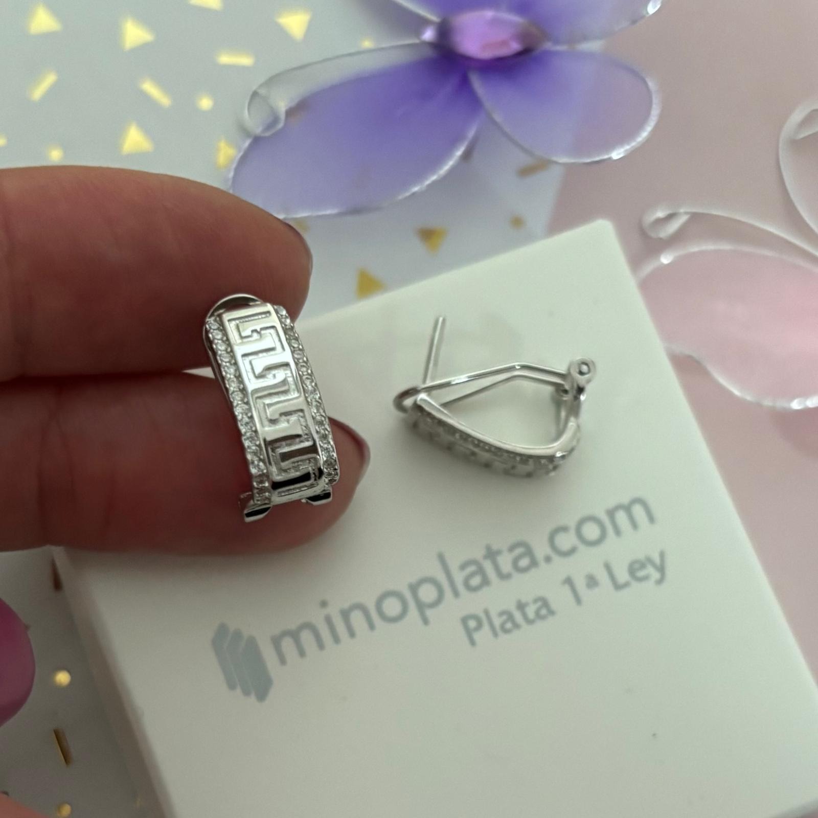 Pendientes greca de Plata de ley con Circonitas cierre omega 2