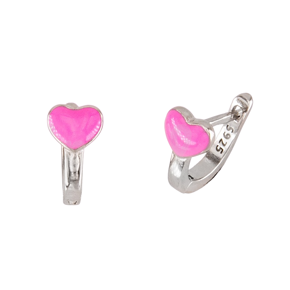 Pendientes infantiles corazón rosa de Plata de ley con cierre catalán