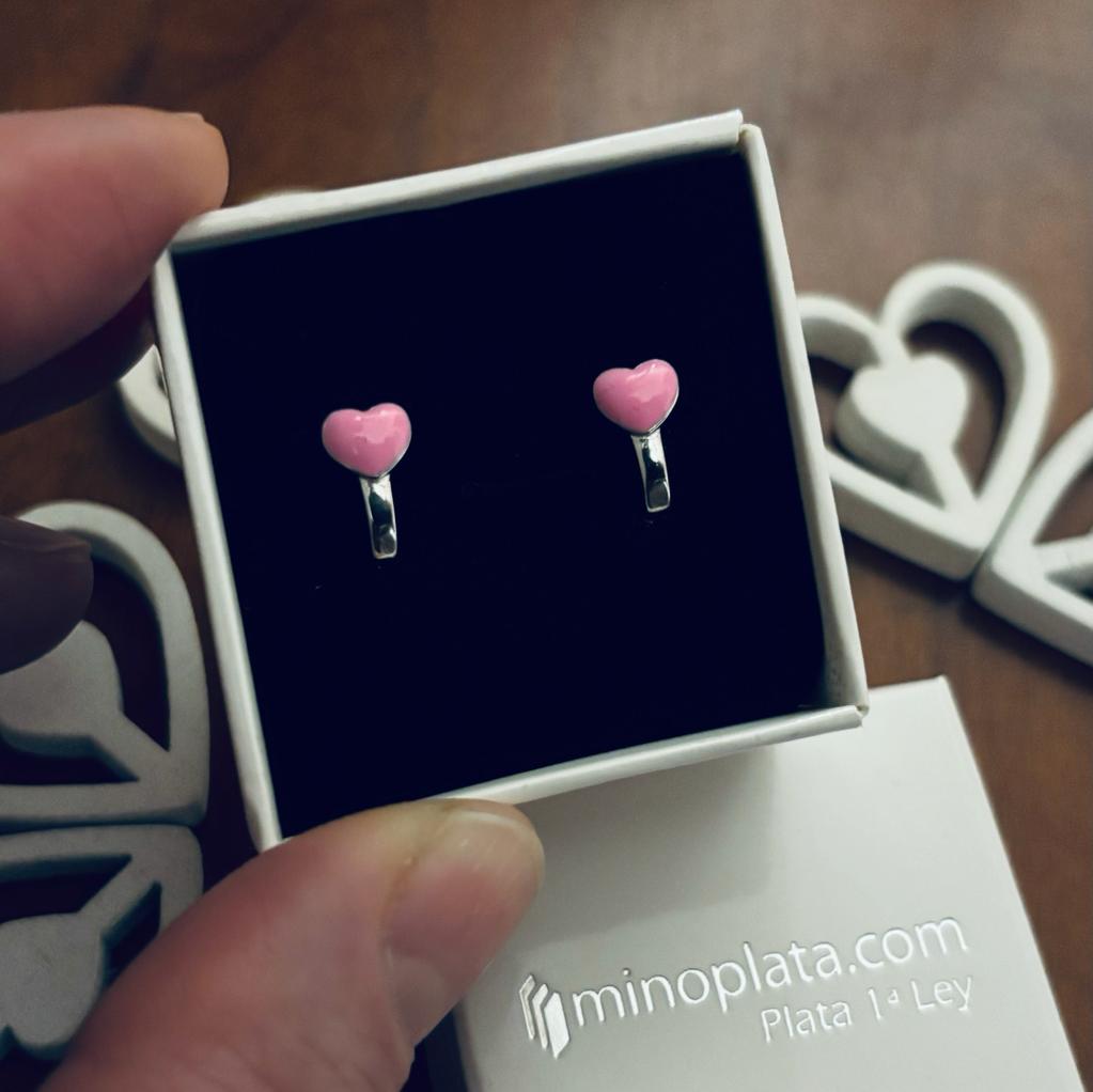 Pendientes infantiles corazón rosa de Plata de ley con cierre catalán 1