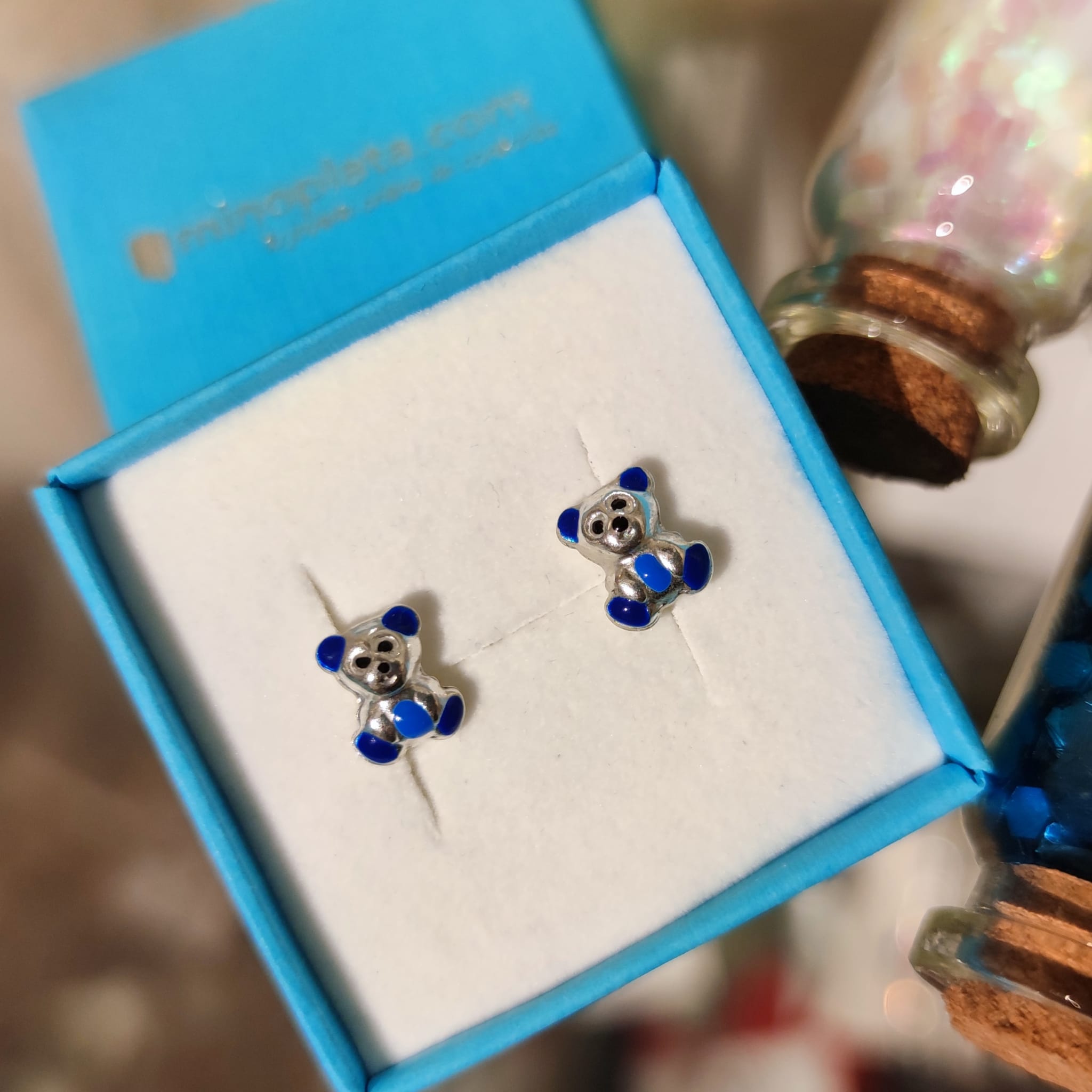 Pendientes infantiles osos de Plata con esmalte azul 2