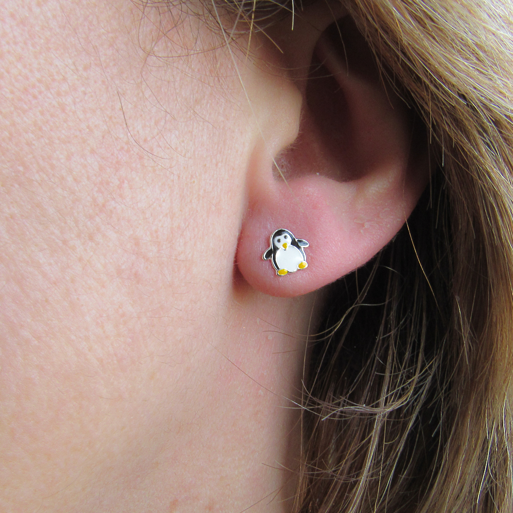Pendientes pingüino de Plata de ley para niñas 1