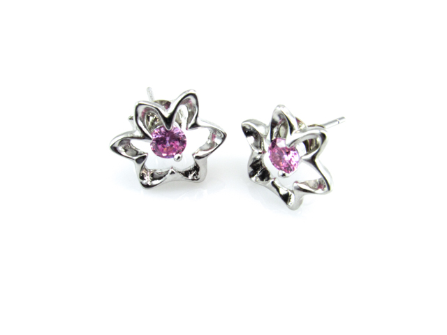 Pendientes en Plata rodiada flor con Circonita rosa