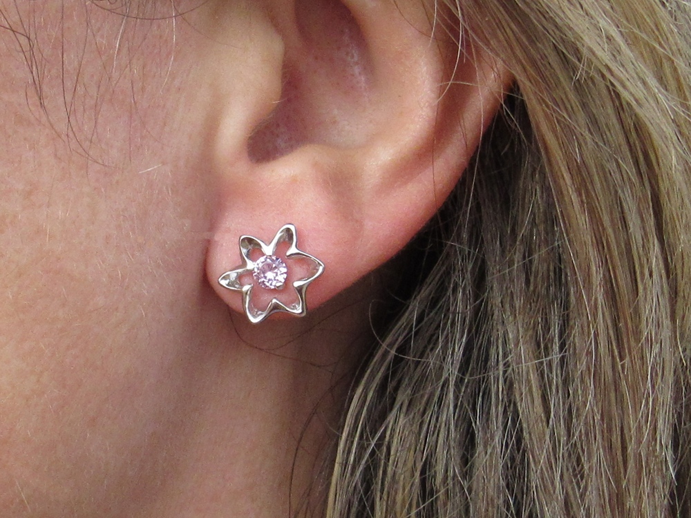 Pendientes en Plata rodiada flor con Circonita rosa 1