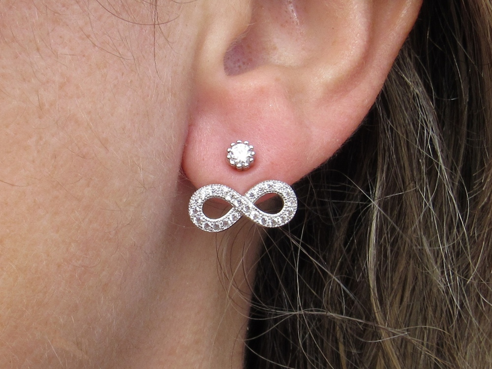 Pendientes dobles con infinito de Plata rodiada y Circonitas 2