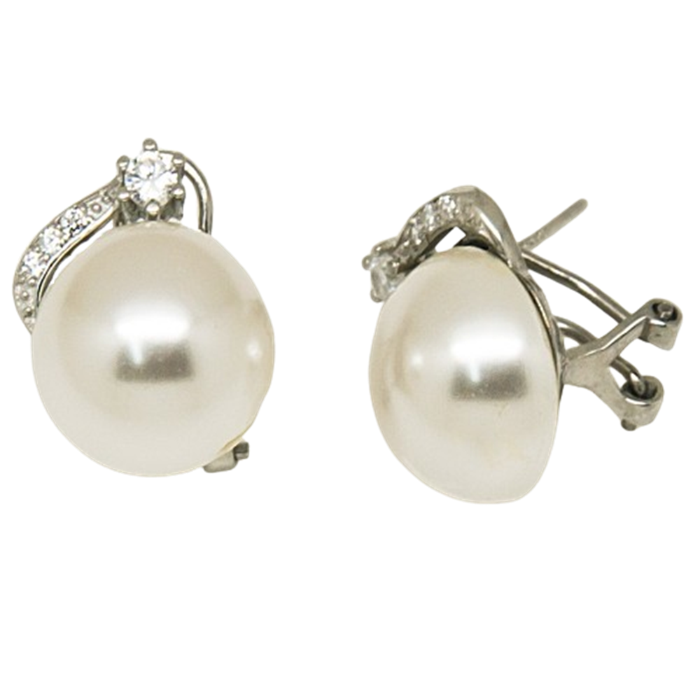 Pendientes Perlas cultivadas 14mm y Circonitas en Plata de ley rodiada con cierre omega